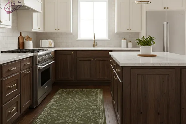 فرش آشپزخانه با کابینت کرم قهوه ای