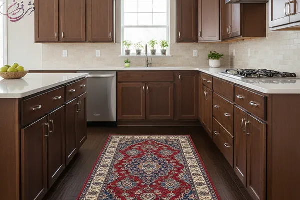 فرش آشپزخانه با کابینت قهوه ای