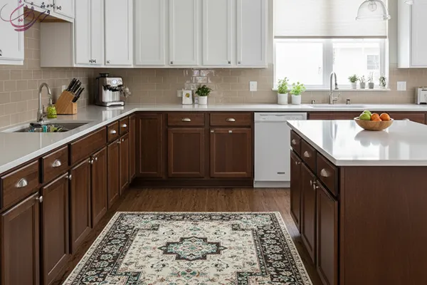 فرش آشپزخانه با کابینت سفید قهوه ای