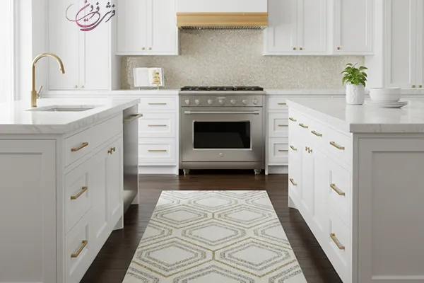 فرش آشپزخانه با کابینت سفید طلایی