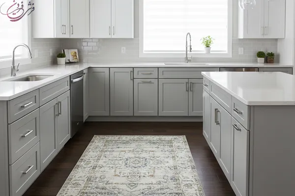 فرش آشپزخانه با کابینت سفید طوسی