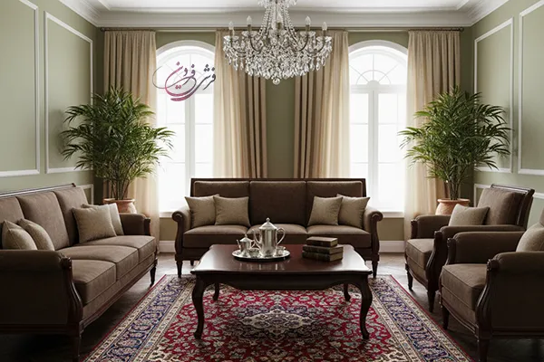 ست کردن فرش قرمز با مبل چوبی تیره